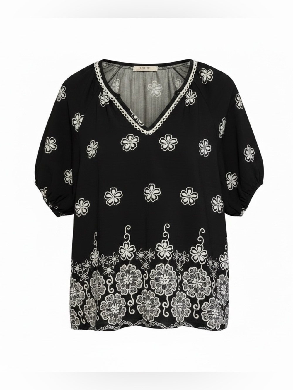 ViVI Black Top with White Floral Embroidery
